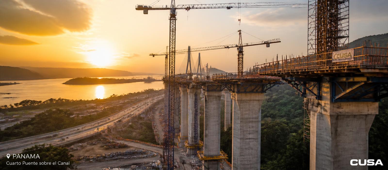 Construcción de un viaducto y puente en Panamá al atardecer